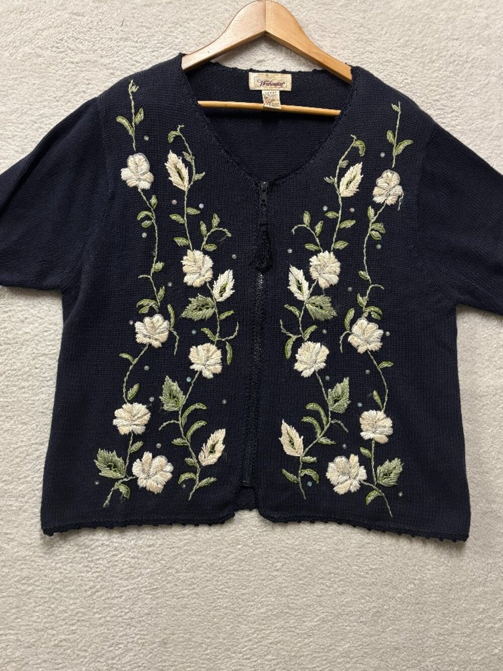 Vtg Worthington Cardigan Sweater XL Navy Blue Cotton Ramie Embroidered Floral Y2
